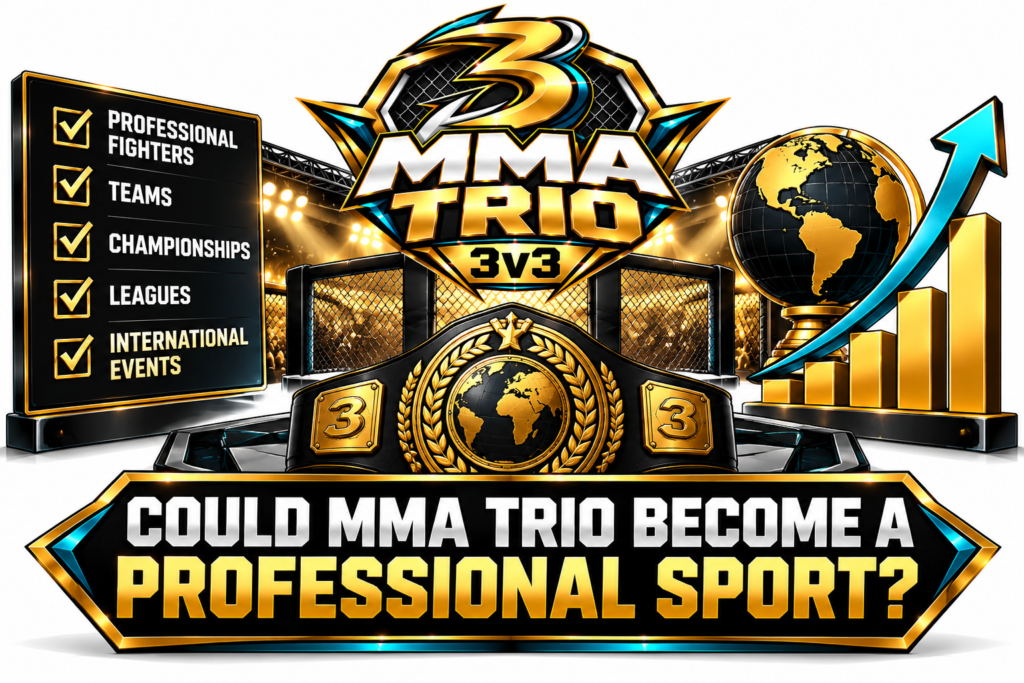MMA Trio 3v3 professional sport illustration featuring a championship belt, octagon arena, global map, and rising growth chart, representing the potential development of professional teams, leagues, and international competitions.