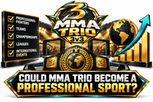 MMA Trio 3v3 professional sport illustration featuring a championship belt, octagon arena, global map, and rising growth chart, representing the potential development of professional teams, leagues, and international competitions.