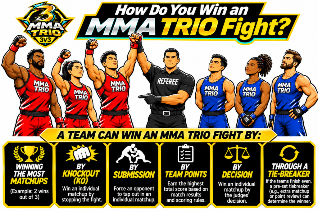 MMA Trio 3-on-3 team victory illustration showing a referee raising a red-team fighter's hand while the blue team stands respectfully, with six ways to win listed below, including match victories, knockouts, submissions, team points, decisions, and tie-breakers.