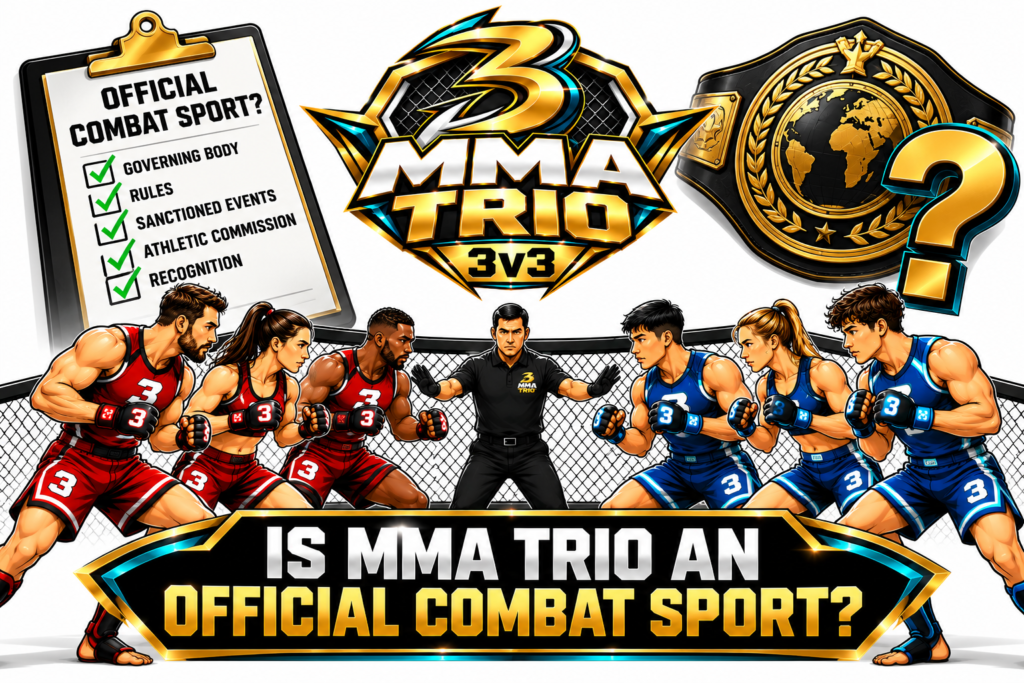 MMA Trio 3v3 illustration showing two teams of three fighters facing each other inside an octagon, with a referee, championship belt, and question mark, representing whether MMA Trio is an official combat sport.