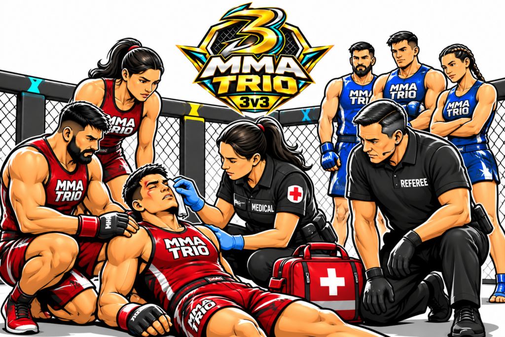 Trio medical stoppage illustration showing a medical professional treating an injured red-team fighter inside the cage while teammates, opposing blue-team fighters, and a referee watch with concern.