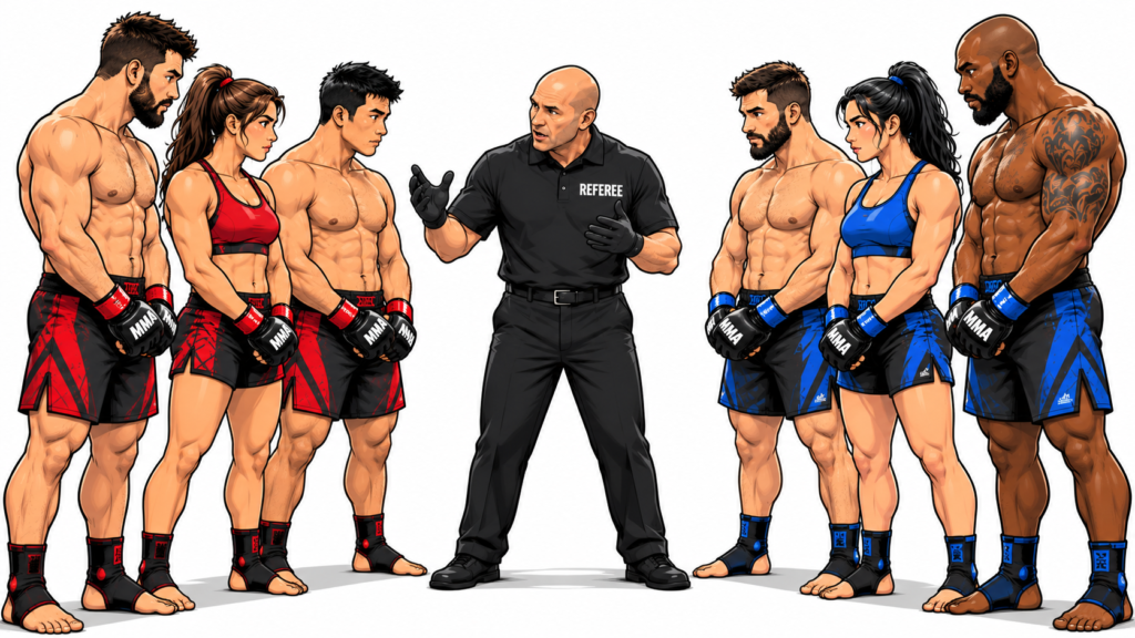MMA Trio rules concept showing three fighters on each team with a referee overseeing the matchup.
