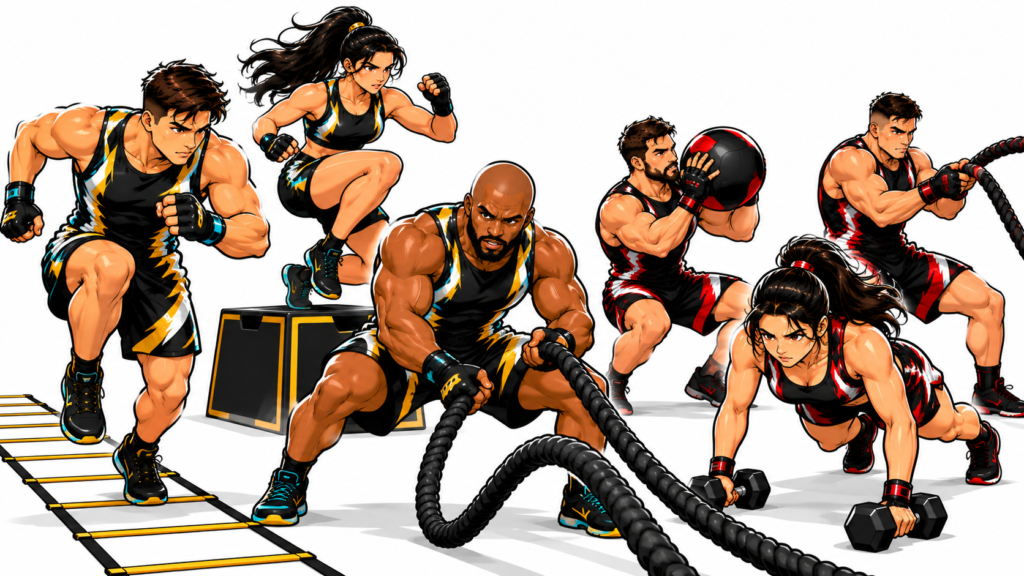 Three MMA Trio teammates in matching black, gold, white, and turquoise uniforms performing agility, box-jump, and battle-rope conditioning exercises.