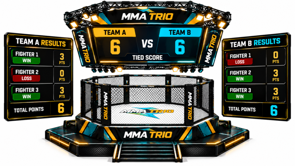 MMA Trio scoreboard showing Team A and Team B tied at six points each inside a black, gold, and turquoise octagonal fighting arena.