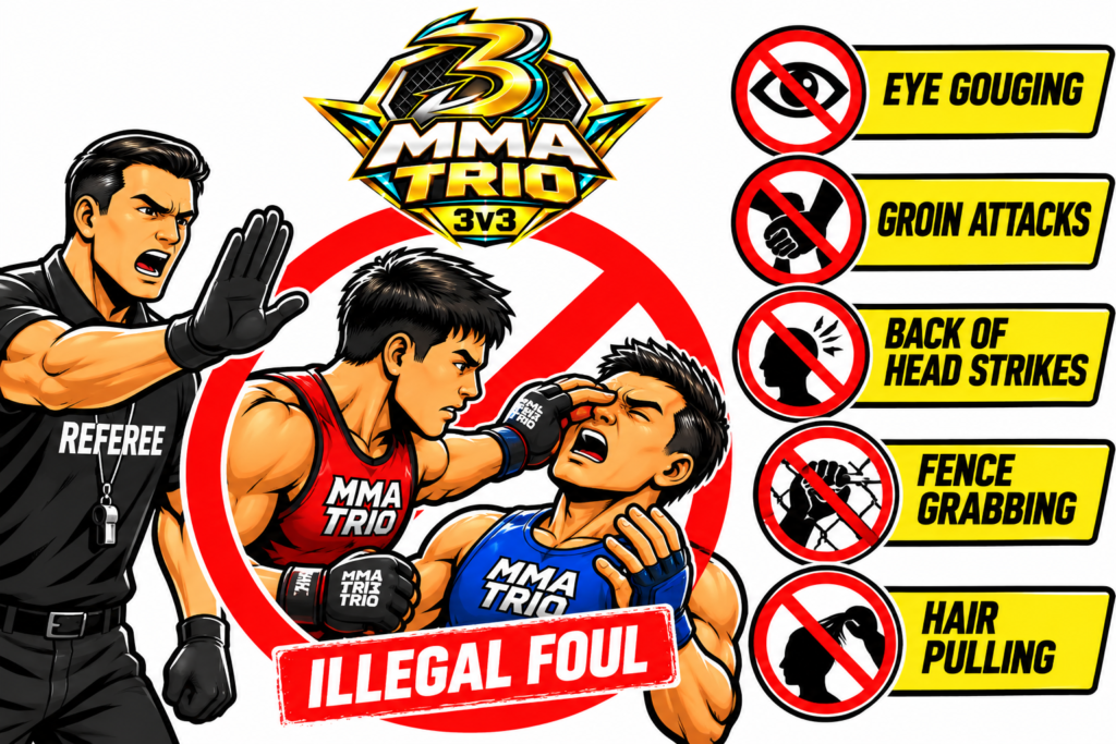 MMA Trio illegal foul illustration showing a red-team fighter committing an eye-area foul against a blue-team opponent while a referee intervenes, with examples of prohibited MMA actions displayed alongside.