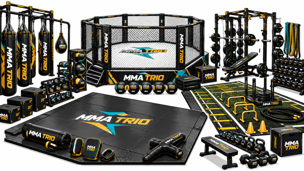 MMA Trio training facility featuring an octagon cage, punching bags, grappling mats, weight equipment, and conditioning stations in black, gold, white, and turquoise.
