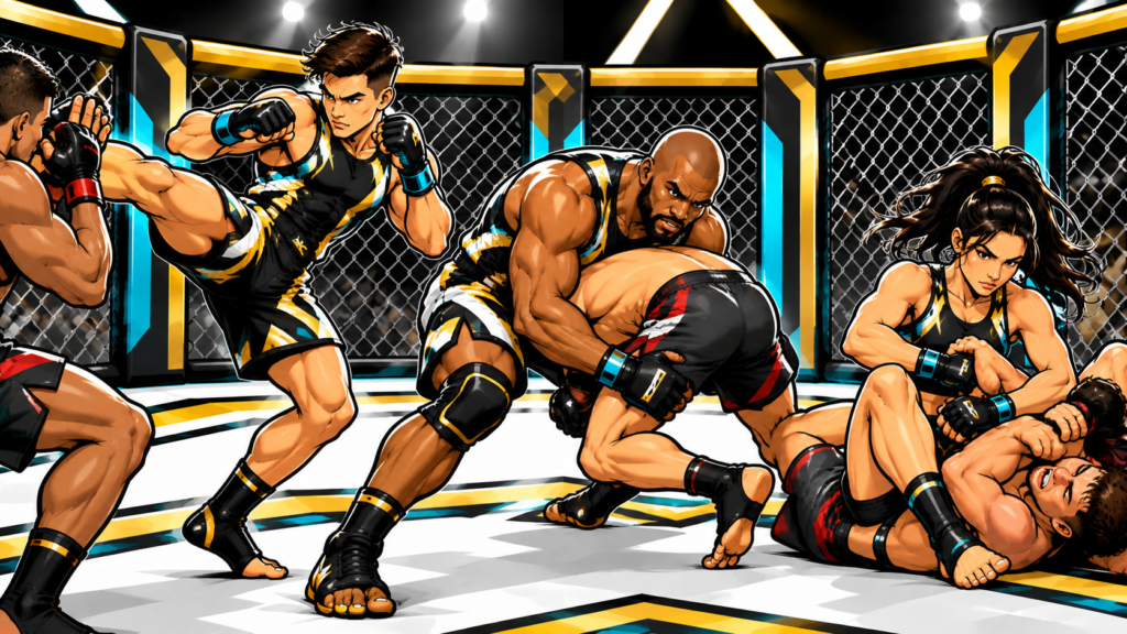 Three MMA Trio teammates in matching black, gold, white, and turquoise uniforms discussing strategy inside an MMA cage.