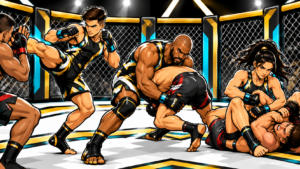 Three MMA Trio teammates in matching black, gold, white, and turquoise uniforms discussing strategy inside an MMA cage.