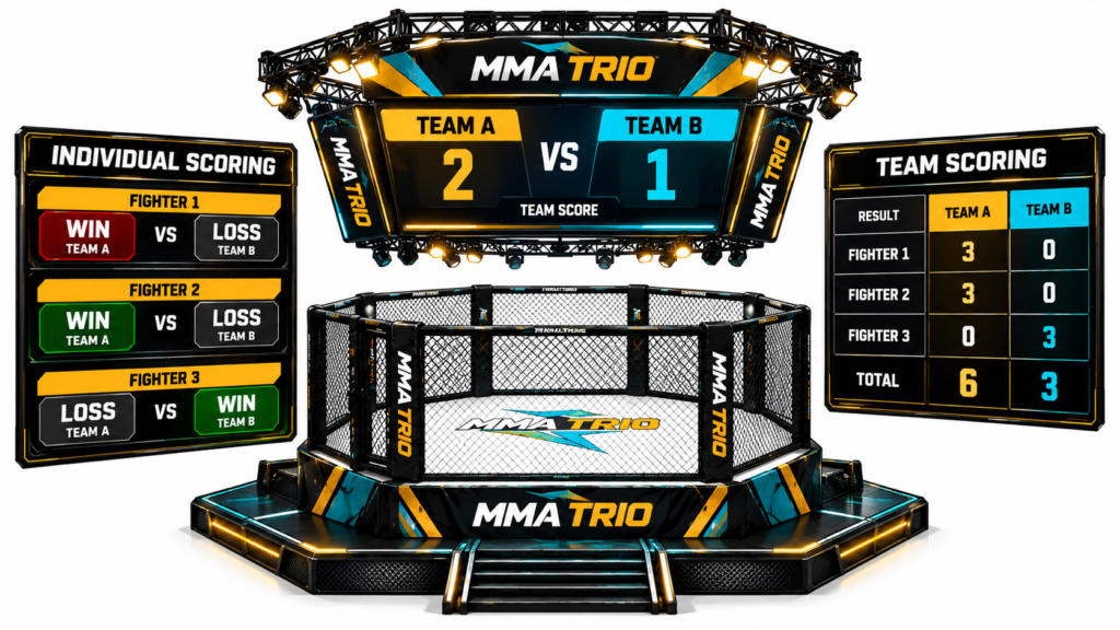 MMA Trio competition arena featuring a three-on-three team scoring scoreboard, individual fighter results, and Team A versus Team B totals.