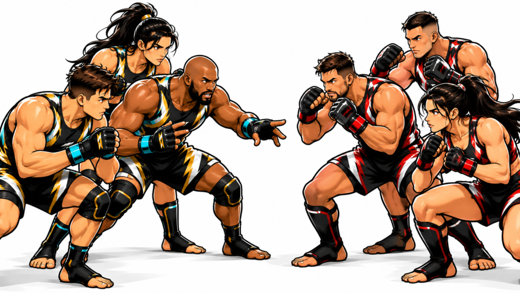 Three MMA Trio teammates demonstrate striking, wrestling, and grappling tactics inside an octagon.