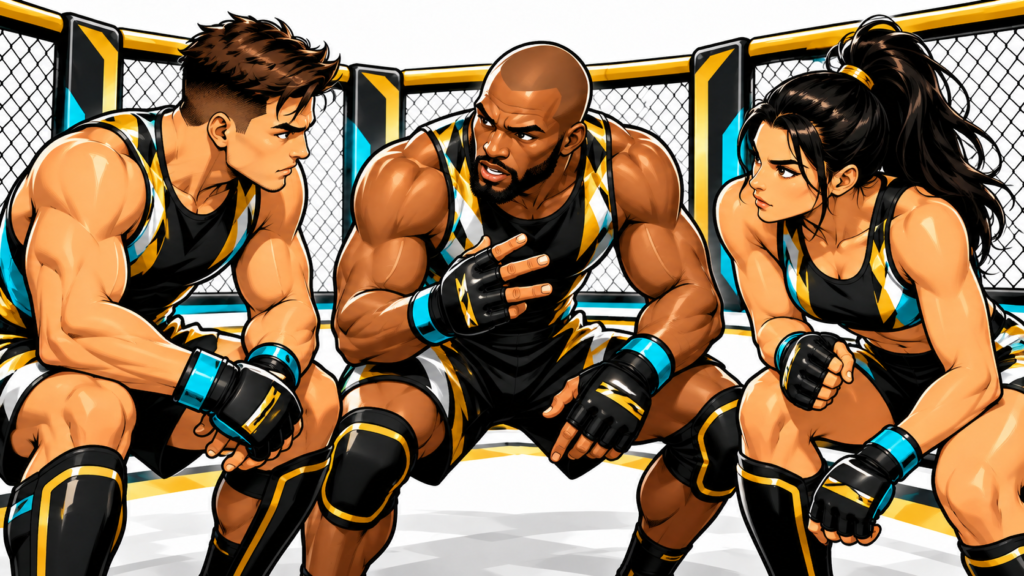 Three MMA Trio teammates in matching black, gold, white, and turquoise uniforms discussing fight strategy inside an MMA cage.