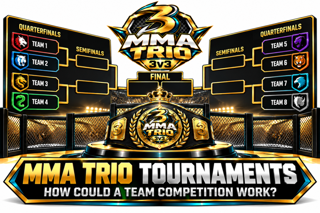 MMA Trio 3v3 tournament illustration showing an eight-team elimination bracket with quarterfinals, semifinals, and a championship final, featuring an octagon arena and MMA Trio championship belt.