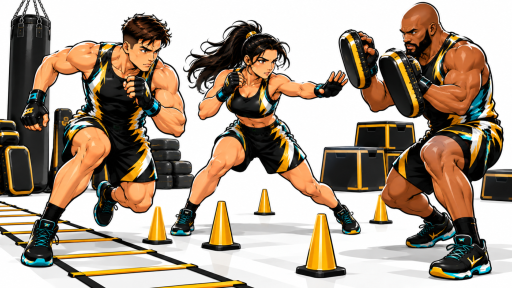 Three cartoon-style MMA Trio teammates in matching black, gold, white, and turquoise uniforms practicing coordinated footwork and training drills inside an octagon.
