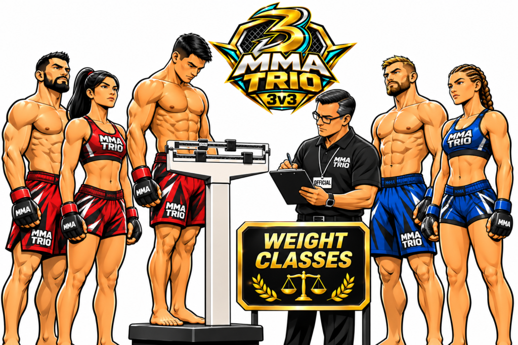 MMA Trio weight-class weigh-in featuring six fighters in red and blue MMA uniforms, two shirtless male fighters and two female fighters wearing sports tops, with an official recording a fighter's weight on a professional balance scale.