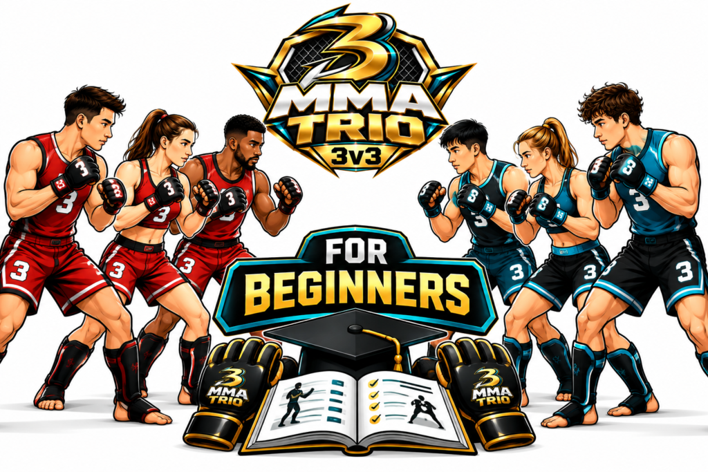 Six beginner MMA fighters divided into two teams of three, wearing red and blue uniforms, with MMA Trio 3v3 logo and training equipment.