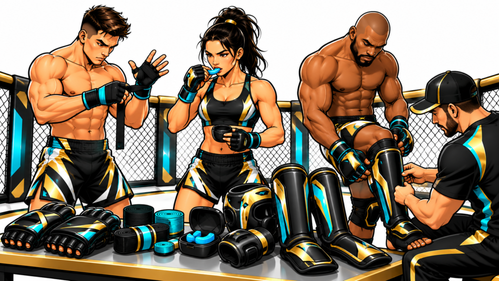 Cartoon-style MMA Trio fighters preparing gloves, hand wraps, mouthguards, and shin guards in a black, gold, white, and turquoise training gym.