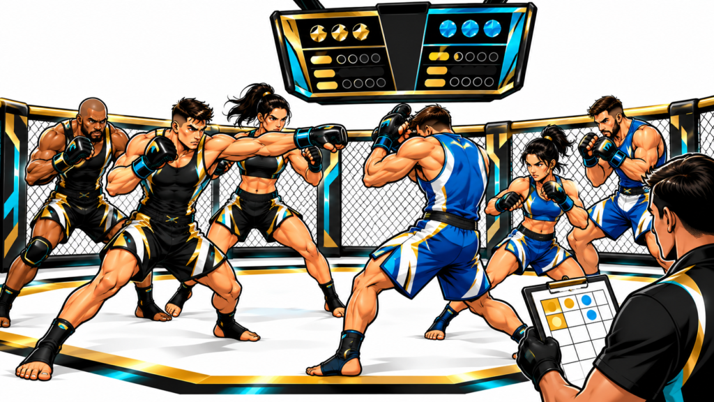 Cartoon-style MMA Trio fighters competing in a 3-on-3 match while a referee records the action on a scoreboard.