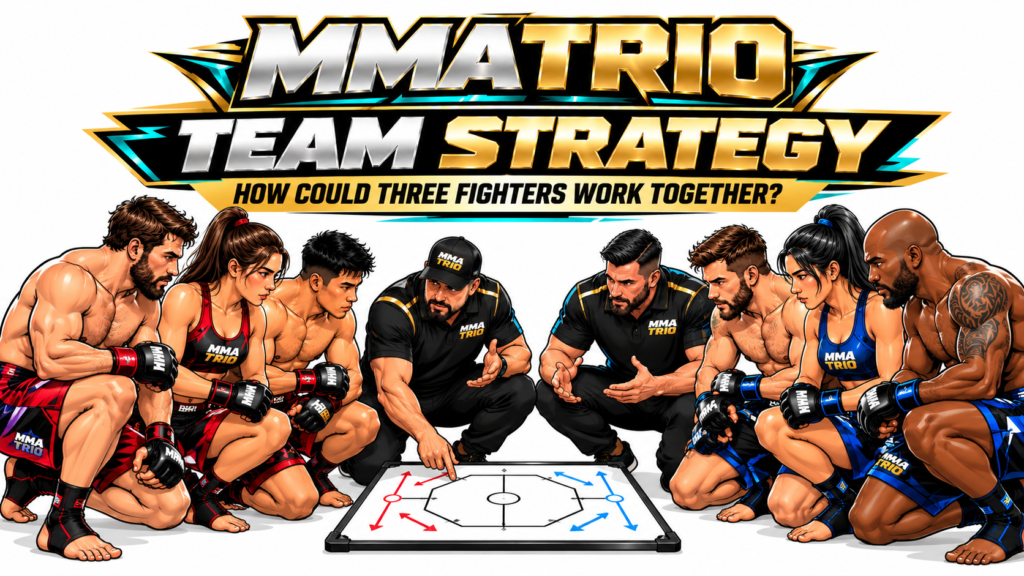Cartoon-style MMA Trio teams discussing strategy around a tactical board, using black, gold, silver, and teal uniforms on a white background.