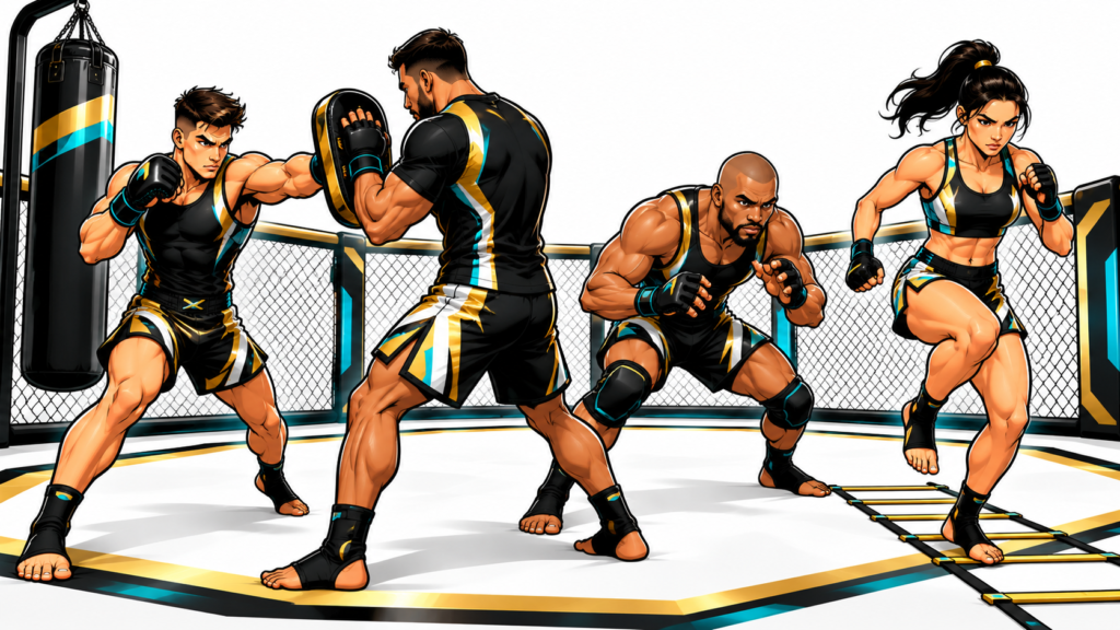 Cartoon-style MMA Trio fighters training striking, grappling, and agility in an octagon with black, gold, white, and turquoise accents.