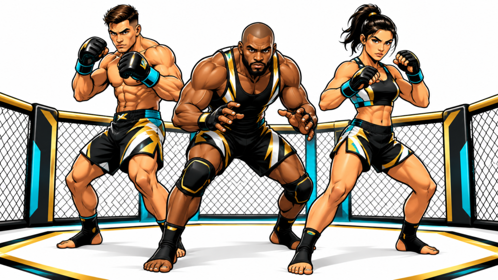 Three MMA Trio teammates representing striking, grappling, and versatile fighting skills in a 3-on-3 team concept.
